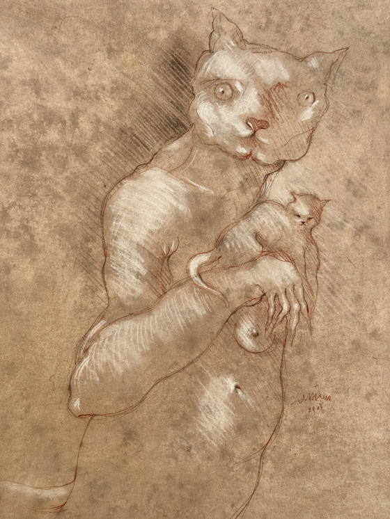 Image 1 of Robert Detheux- Wunderschönes surrealistisches Gemälde mit Katze
