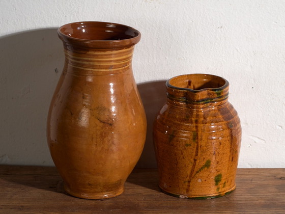 Coppia di brocche antiche in ceramica smaltata, Europa Centrale, circa 1920, Stoviglie, Marrone (foto 5 di 12)