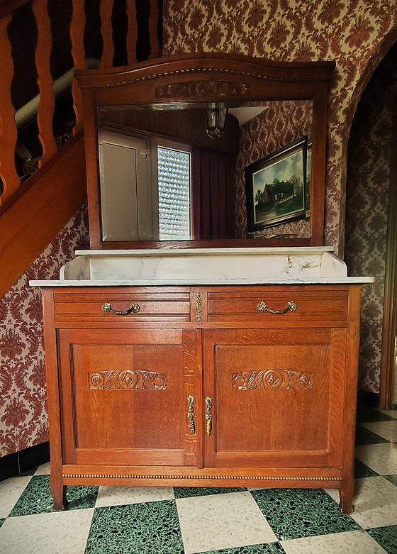 Image 1 of Vintage eiken spiegelkast met marmeren blad