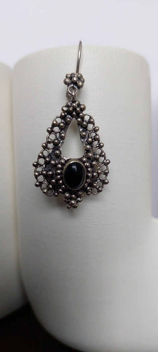 Handmade Vintage Silver Earrings (900 Silver) with Black Stone / Onyx