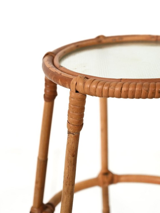 Image 1 of Scandinavian Bamboo Plant Stand with Frosted Glass, 1960s