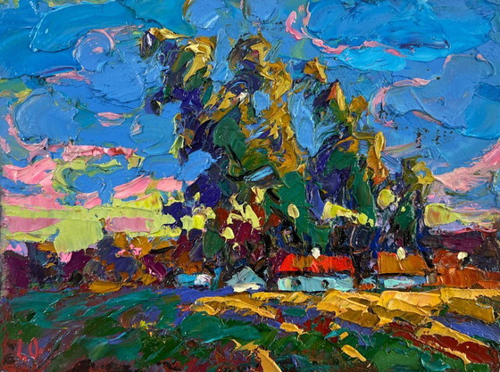 Image 1 of Original Oil Painting Summer Village Landscape When the day fades into evening