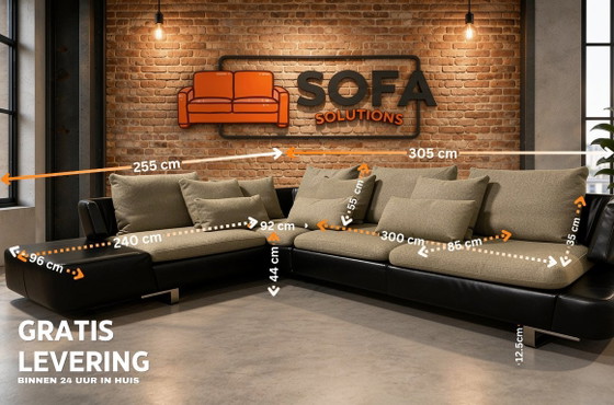 Natuzzi Opus: High-End Modular Leather Corner Sofa (305 cm) with Goose Feather Fabric Cushions | Black & (photo 2 of 14)