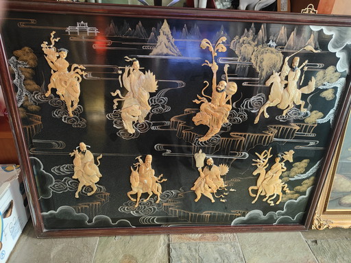 Vintage Large Black Lacquered Chinese Artwork Decorated with Mother of Pearl