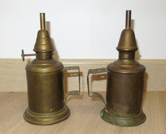 Set van 2 antieke Pigeon & Olympe messing lampen, Tafellampen, Gold (foto 2 van 6)