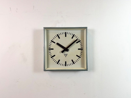 Green Industrial Square Wall Clock from Pragotron, 1970s