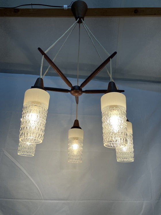 Image 1 of Vintage Scandinavian teak pendant lamp with 5 glass shades