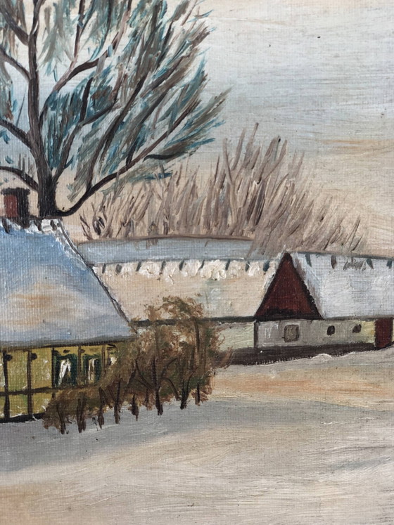 Image 1 of Vintage Original Cottage Oil Painting: Framed Winter Landscape Art