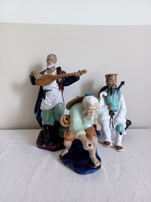 Cerámica de arte Shiwan vintage - Trío de mudmen chinos / Geglazuurde keramiek ('70-'80)