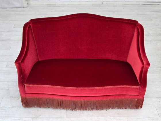1970s, Danish 2-Seater Sofa, Red Furniture Velour, Ash Wood Legs. – 2 seaters, Velvet (photo 20 of 20)