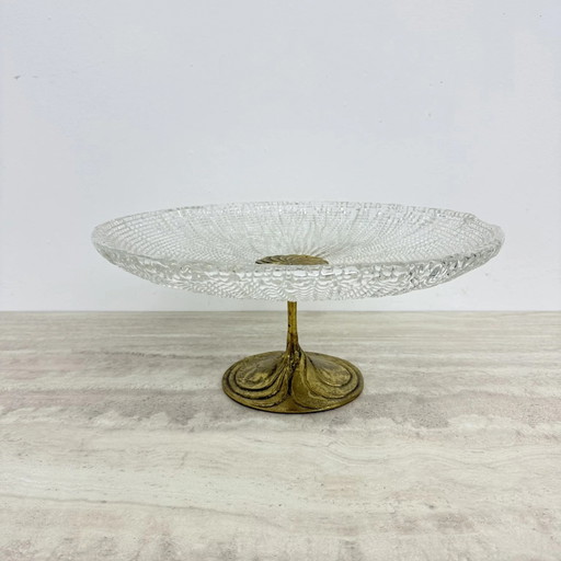 Mid-century design pronkstuk kristallen en messing schaal, jaren 60