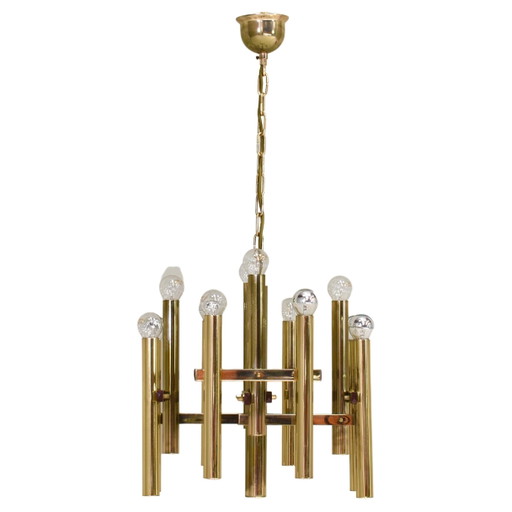 Lampada a sospensione in ottone a 12 luci Gaetano Sciolari, Italia, circa 1970