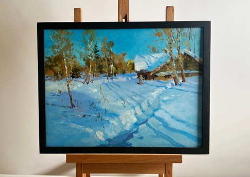 Original Oil Painting Winter Village Landscape After the night snowfall
