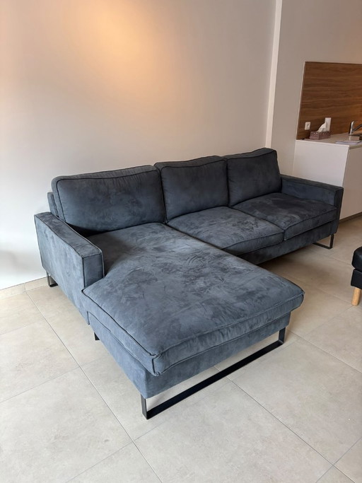 Sofá esquinero de diseño con chaise longue | Nubuck azul-gris | 250 cm | Muy buen estado