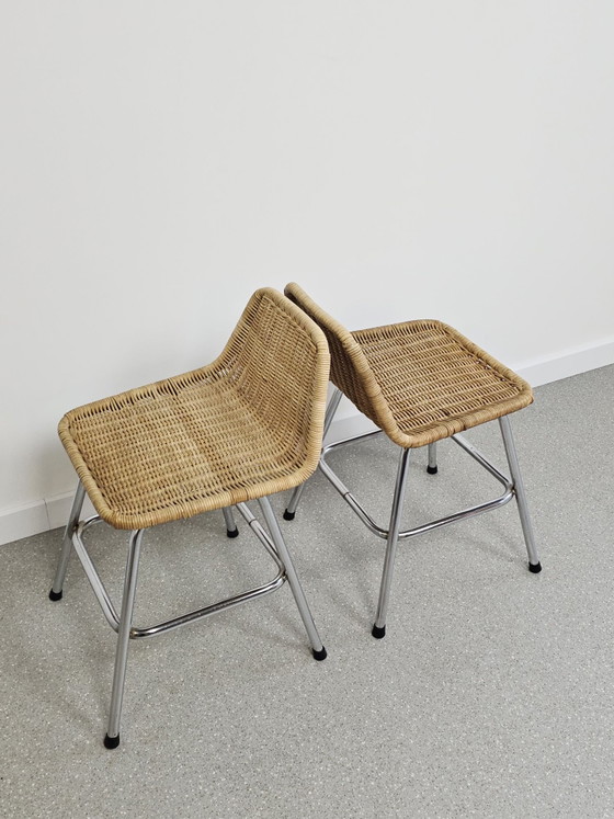 Vintage stool Rohé Noordwolde, Rattan, Chrome, Beige (photo 5 of 8)