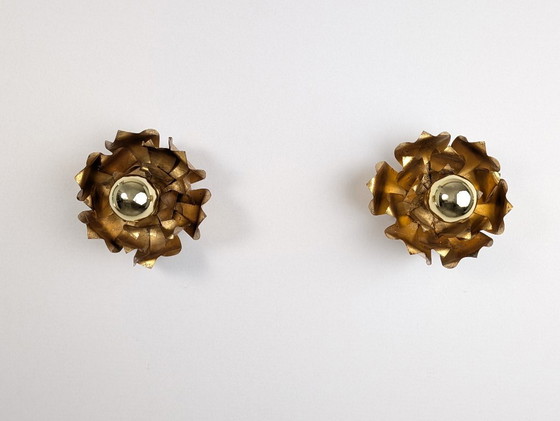 Image 1 of Paire d'appliques murales florales en métal doré, Hans Kögl, années 1970