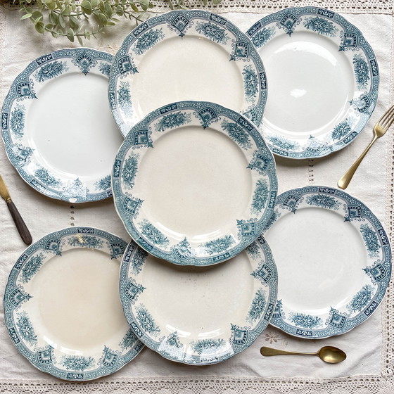 Image 1 of 7 piatti in pietra di ferro blu Onnaing + 7 piccoli piatti in porcellana di Limoges spaiati