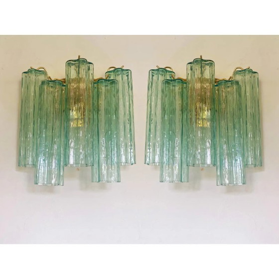 Image 1 of Aplique de pared contemporáneo de cristal de Murano "Tronchi" verde en estilo Venini - un par