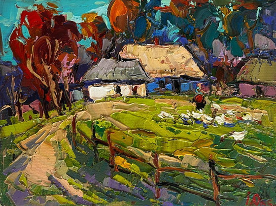 Image 1 of Original Oil Painting Summer Village Landscape Warm rural street