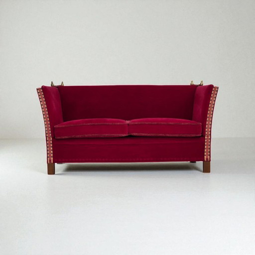 1970s, Danish 2-seater "Spanish" drop arm sofa, cherry-red furniture velour.