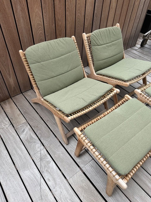 2 Cosito lounge chairs in teak and natural round wicker with ottoman – loungesets, Wood (photo 2 of 7)