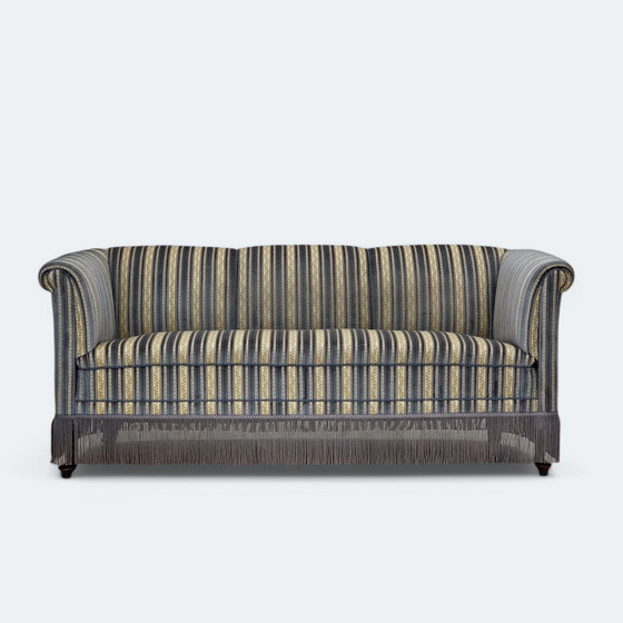 Image 1 of 1960s Danish 3-Seater Sofa, Blue/Beige Furniture Velour, Beech Wood Legs