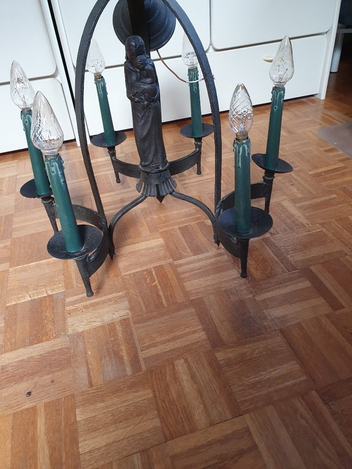 Characteristic Neo-Gothic Wrought Iron Chandelier – Madonna and Child (6-Light) – kroonluchters, Cast Iron
