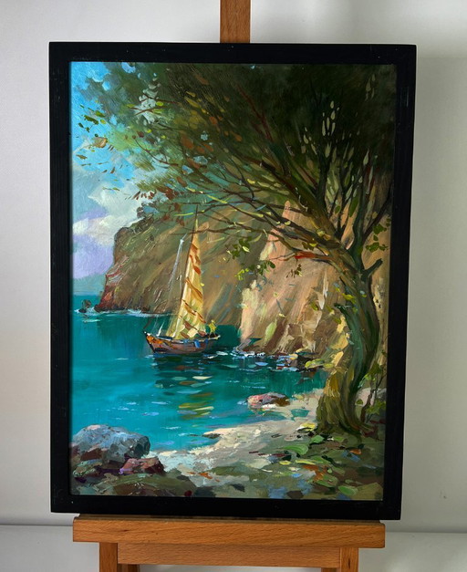 Peinture à l'huile originale, paysage marin, voilier, rochers, bateaux sur le rivage