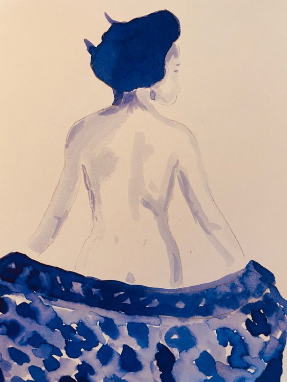 Image 1 of Monochrome Watercolor Indigo Blue Portrait of a Woman "Japan Denim"