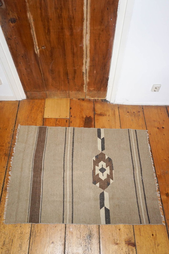 Image 1 of vintage turkish kilim rug * usak region turkey * woven wool * brown beige camel white* geometric design * textile carpet earthy 