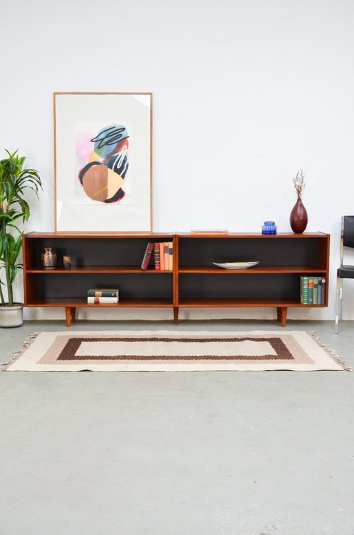 Vintage open sideboard, retro teak mid-century lowboard shelf, 1970s