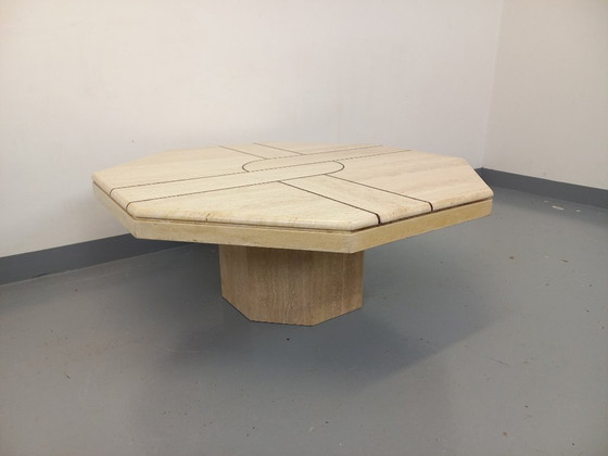 Image 1 of Vintage octagonal travertine coffee table with geometric pattern from the 70s and 80s