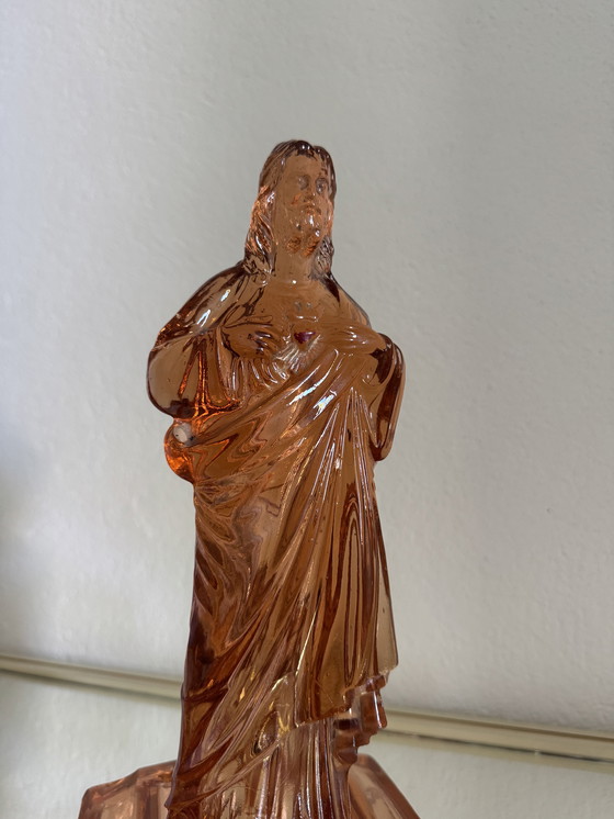 Image 1 of Großer Christus aus rosafarbenem Glas 40er Jahre