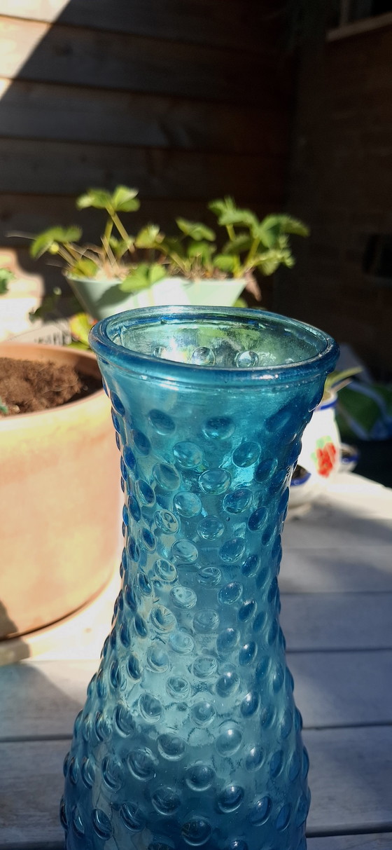Image 1 of Vintage Empoli Hobnail Vaas Blauw Glas UV Reactief Italië 1960