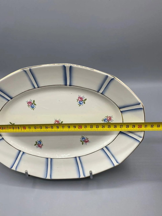 Digoin Sarreguemines Oval Faience Serving Platter, Scattered Polychrome Roses, Ombré Blue Bands (photo 4 of 4)