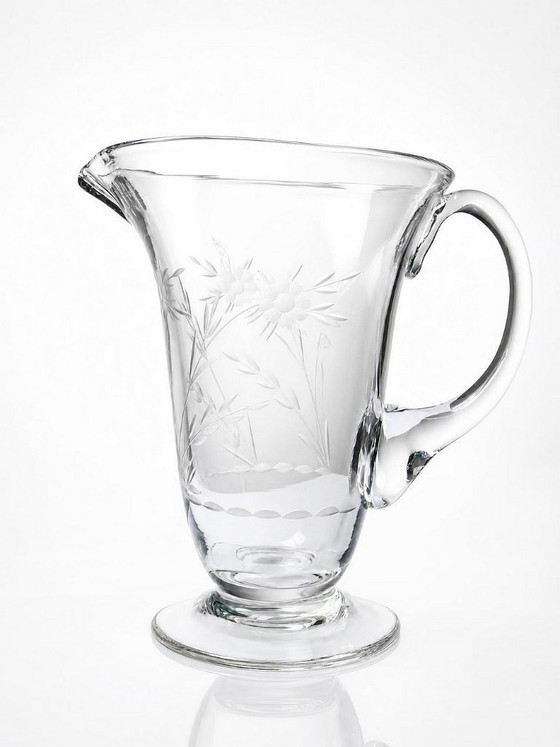 Image 1 of Antique wheel-engraved glass pitcher with vegetal decoration, Bohemia, early 20th century
