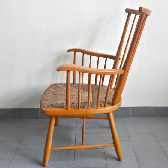 Image 1 of FAUTEUIL VINTAGE DE ARNO LAMBRECHT POUR WKS MOBEL 1950 EN HETRE & JONC 50S 1950S
