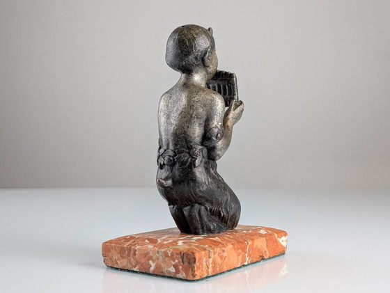 Image 1 of Junger Faun mit Panflöte, Art-Deco-Skulptur auf Marmorsockel, 1920er Jahre