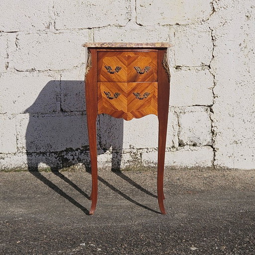Table de chevet vintage française en marqueterie - Marbre et bois - Style Louis XV - Années 70