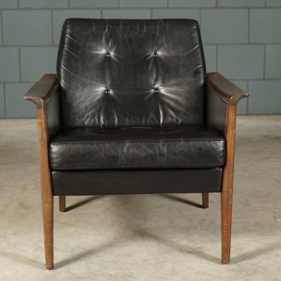 Image 1 of Vintage zwart lederen fauteuil – jaren 60