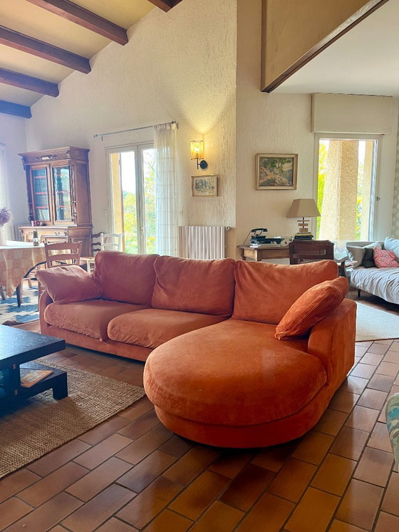 Image 1 of Viscoti vintage stoffen bank met chaise longue in roest/oranje