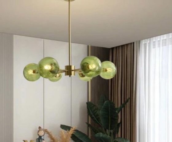 Image 1 of NOUVEAU Lustre Anthropologie style milieu du siècle, doré et vert