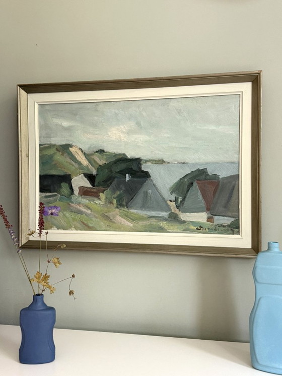 Image 1 of Peinture moderniste abstraite d'un paysage côtier « Côte avec maisons » de Carl Berntsson (1902-1982)