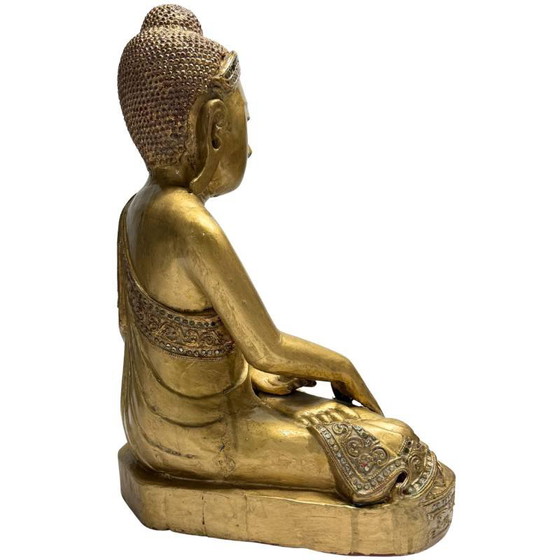 Gilded Wooden Buddha with Glass Inlay from Myanmar, Strong Features – Sculpture (photo 4 of 16)
