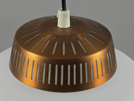 Image 1 of Rare 1950s Vintage Opal Arch Pendant Light By Svend Aage Holm‑Sørensen — Danish Mid-Century Modern Pendant Lamp.