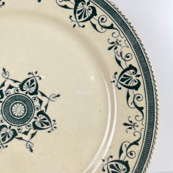 Image 1 of Set van 8 "Admiral" dessertborden van ijzersteen, Creil & Montereau, groenblauw, eind 19e eeuw