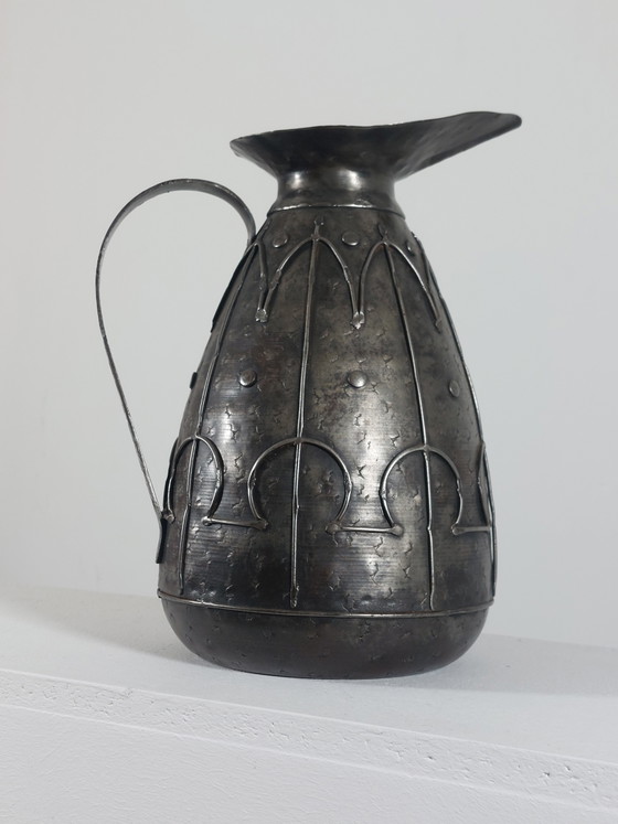 Image 1 of Hand-forged arts and crafts metal jug, carafe, vase, Brutalist style, France