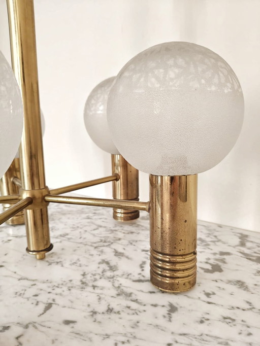 Vintage pendant lamp met vijf bollen van messing
