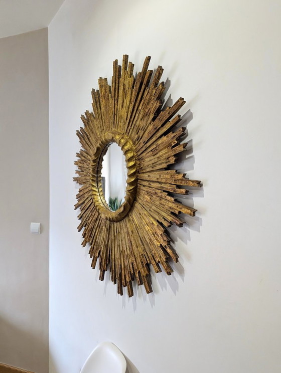 Grand Miroir Soleil Mid-Century en Bois Sculpté Doré, Années 1950 – Glass, Wood (photo 18 of 20)