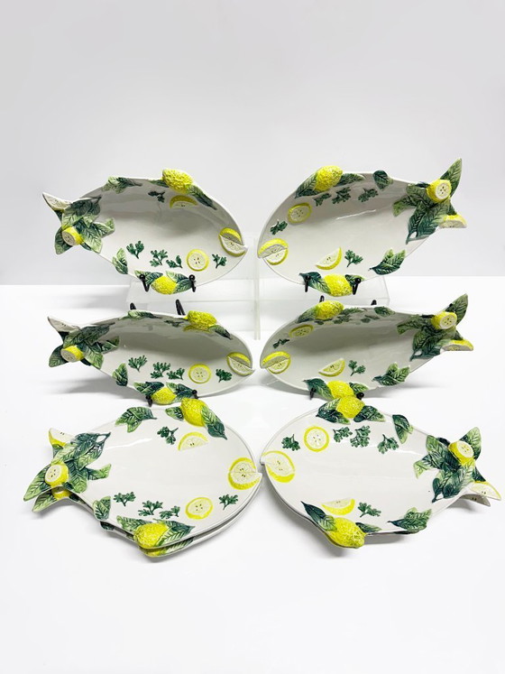 Image 1 of Set van 8 Italiaanse Barbotine keramische visborden